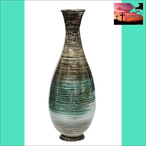 28 Distressed Aqua Spun Bamboo Artisan Floor Vase Vases Home Decor, Vases
