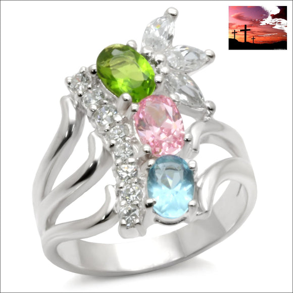 40608 - 925 Sterling Silver Ring High-Polished Women AAA Grade CZ Multi Color Ring Ring, Women